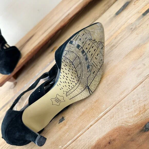 Bella Vista Genuine Leather Suede Black Pumps Sandals 7 Women's Cut Out - Picture 4 of 8